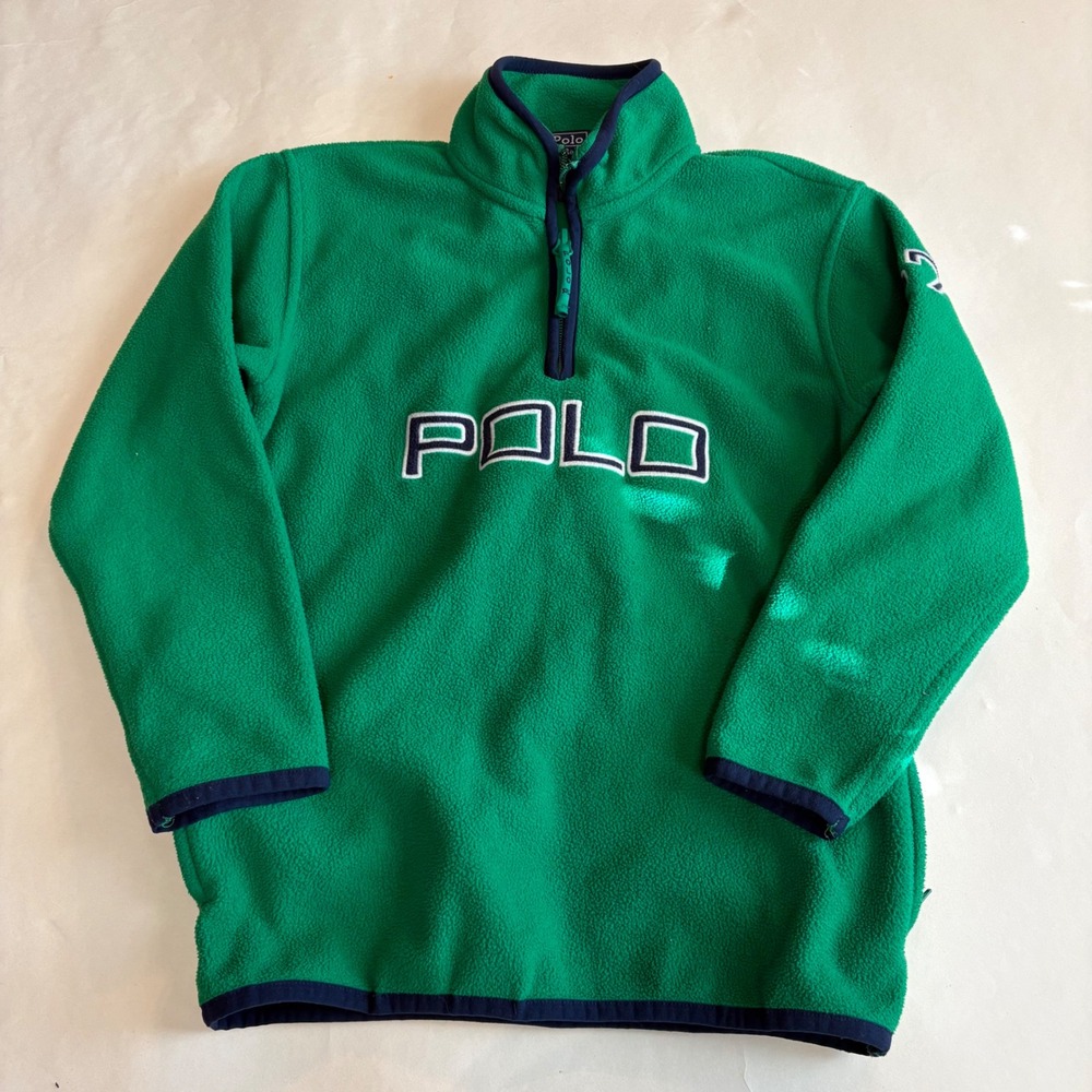 Polo Ralph Lauren Kids 7 Green Fleece Quarter Zip Pullover Sweater Navy Trim